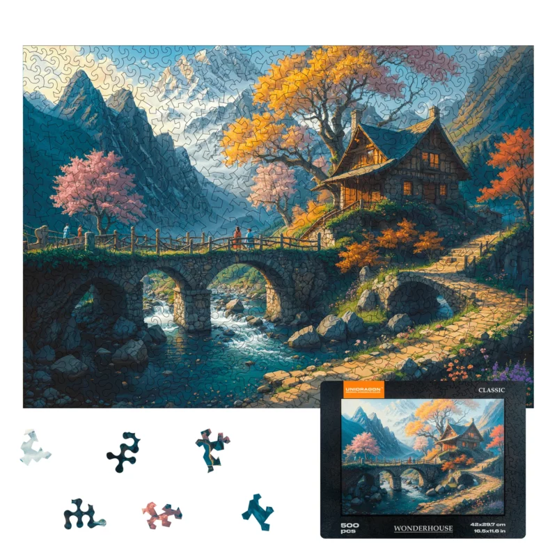 Pezzi di puzzle sparsi con un puzzle La Casa delle Meraviglie Classica completato raffigurante un paesaggio scenico con un ponte di pietra, un fiume e La Casa delle Meraviglie circondata da alberi autunnali.