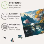 Immagine promozionale di un puzzle ecologico LA CASA DELLE MERAVIGLIE CLASSICA raffigurante un paesaggio vivace con un ponte e alberi autunnali, evidenziando tagli morbidi e stampa resistente ai raggi UV.