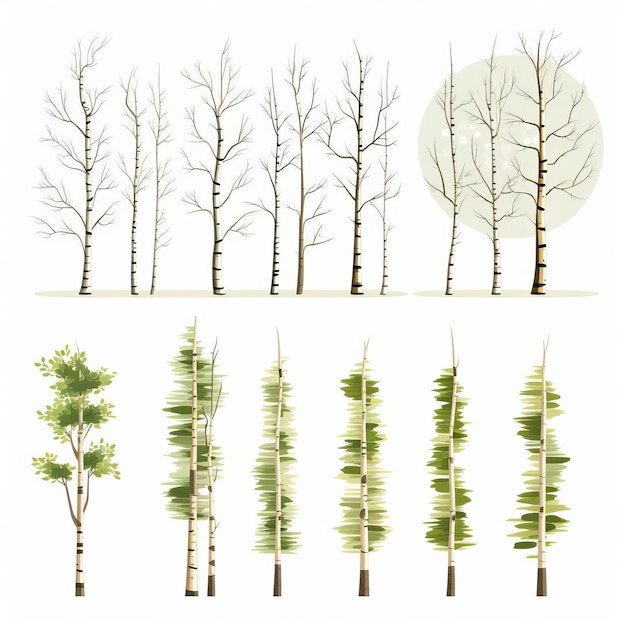 Illustrazione di betulle disposte su due file: nella fila superiore gli alberi sono spogli, mentre in quella inferiore presentano fogliame verde, il tutto su uno sfondo bianco.