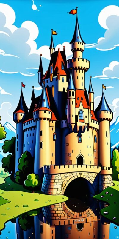 Un grande castello in stile cartone animato, con numerose torri e tetti rossi, si erge sopra un ponte di pietra, riflesso in un tranquillo fossato, sotto un cielo azzurro punteggiato di nuvole.