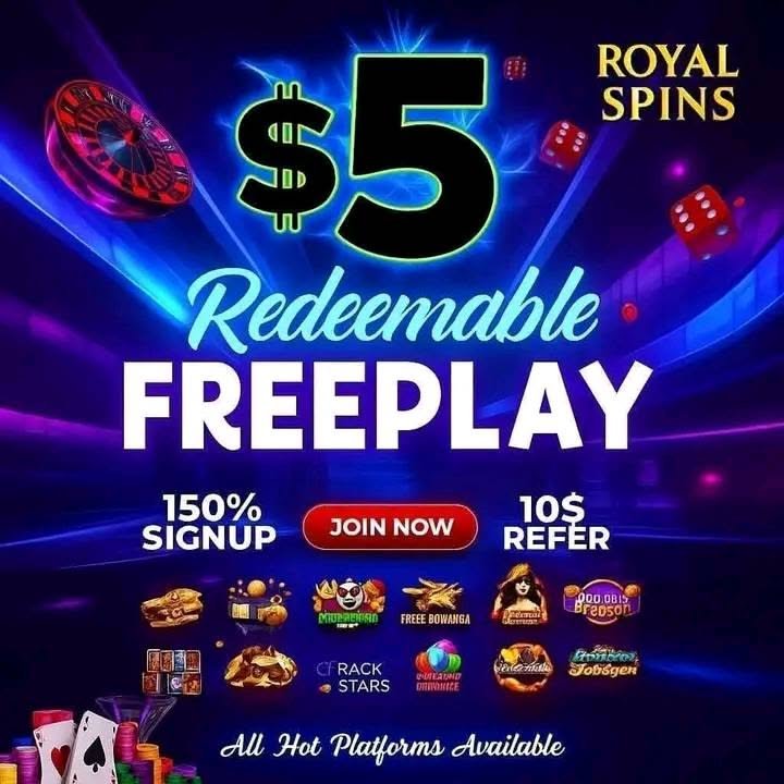 L'immagine promozionale delle offerte di Royal Spins mostra 5 $ di credito gratuito riscattabile, un bonus di iscrizione del 150% e un bonus di segnalazione di 10 $, con varie immagini di giochi da casinò e icone della piattaforma.