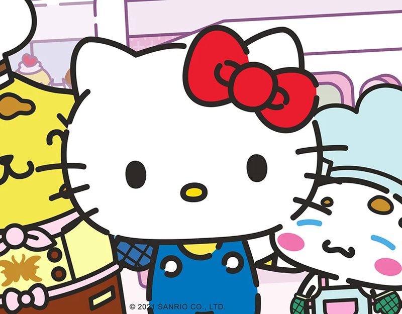 Illustrazione in stile cartone animato di Hello Kitty con un fiocco rosso, affiancata da altri due personaggi animali colorati, su uno sfondo dai toni pastello.