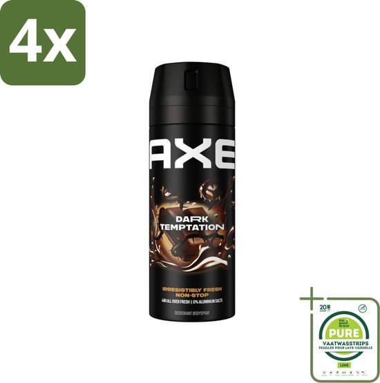 Bomboletta spray di deodorante Axe Dark Temptation, nera con motivi marroni, con la scritta “Irresistibly Fresh Non Stop”. In foto: confezione verde “4x” e confezione di pastiglie lavastoviglie PURE.