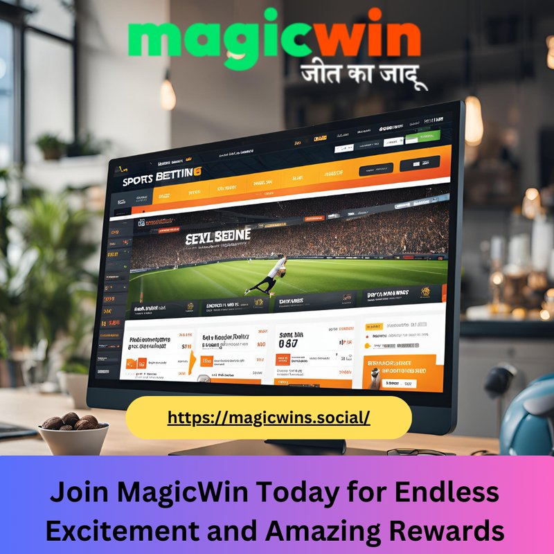 Lo schermo di un computer mostra il sito web di scommesse sportive. Il testo promuove MagicWin e riporta un link al sito. Un banner viola invita gli utenti a registrarsi per provare emozioni e ottenere premi.