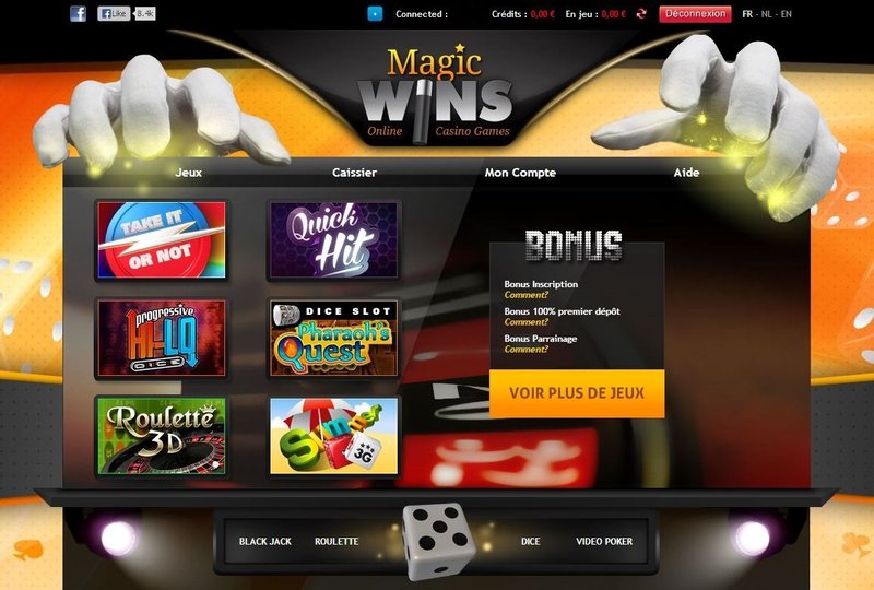 Homepage di un casinò online che mostra opzioni di gioco come “Take It or Not”, “Quick Hit” e “Roulette 3D”, con schede di navigazione, offerte bonus e un paio di mani che reggono dei dadi sopra lo schermo.