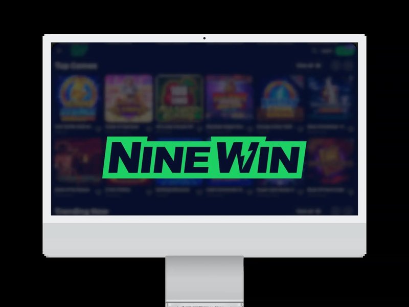 Lo schermo di un computer mostra il logo NineWin in verde su uno sfondo sfocato composto da icone di giochi online.