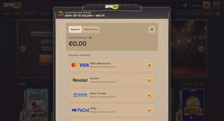 Schermata di deposito del casinò che mostra un saldo di 0 € e le opzioni di pagamento disponibili: Visa/Mastercard, Revolut, bonifico bancario e Paysafecard, ciascuna con le relative informazioni relative all’importo minimo e alle commissioni.