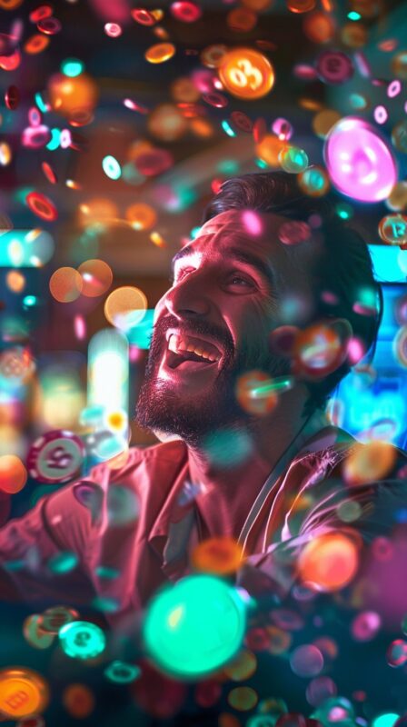 Un uomo sorride sotto una pioggia di fiches da poker colorate e luci scintillanti, in un ambiente vivace e dinamico.