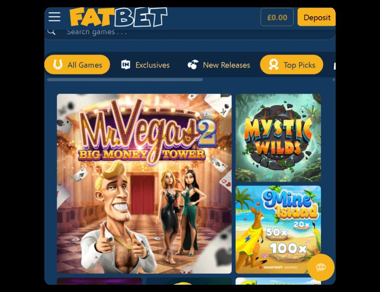 Screenshot della pagina iniziale del casinò online FatBet che mostra le opzioni di gioco, tra cui Mr. Vegas 2, Mystic Wilds e Mine Island, con le schede del menu “Tutti i giochi”, “Esclusive”, “Nuove uscite” e “I migliori”.