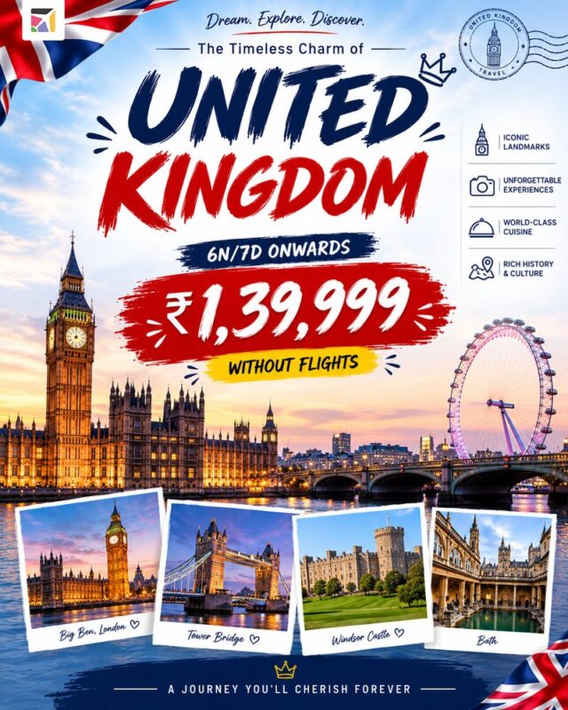 Pubblicità turistica relativa a un pacchetto viaggio nel Regno Unito, che include luoghi simbolo come il Big Ben, il Tower Bridge, il Castello di Windsor e Bath, con un prezzo indicato di ₹1,39,999, voli esclusi.