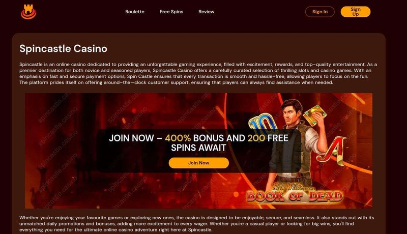 Screenshot del sito web di Spincastle Casino, che mostra un banner che offre un bonus del 400% e 200 giri gratuiti, con un pulsante “Iscriviti ora” e immagini della slot machine Book of Dead.
