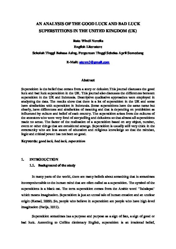 La prima pagina di un articolo di ricerca intitolato “An Analysis of the Good Luck and Bad Luck Superstitions in the United Kingdom (UK)” di Ratu Windri Novella, con abstract e introduzione visibili.