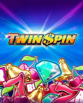 Banner colorato della slot machine “Twin Spin” con il titolo del gioco, ciliegie, campane, diamanti e simboli del “sette fortunato” su sfondo blu.