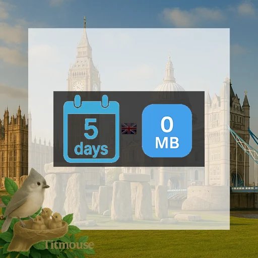 Un'immagine digitale mostra che “5 giorni” equivalgono a “0 MB”, su uno sfondo che raffigura monumenti britannici e un uccello appollaiato con un nido nell'angolo in basso a sinistra.