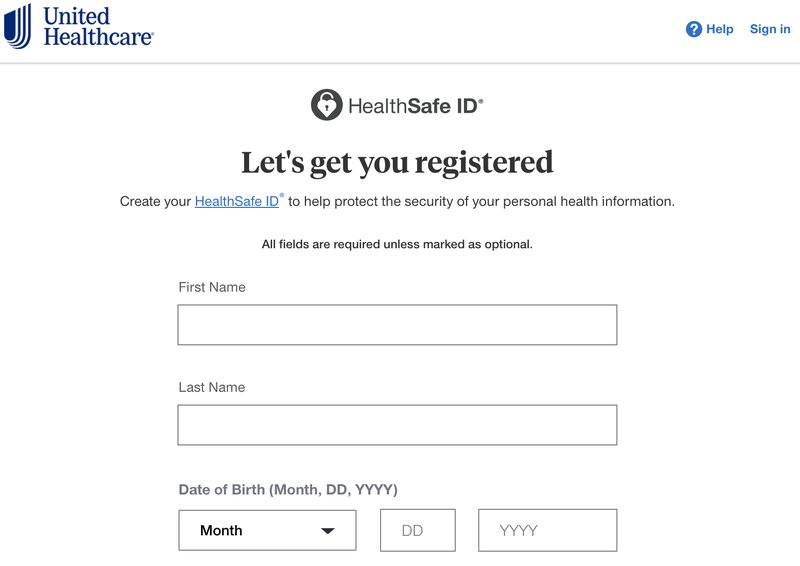 Pagina di registrazione per HealthSafe ID di United Healthcare, in cui agli utenti viene richiesto di inserire nome, cognome e data di nascita, con le opzioni di accesso e di aiuto in alto a destra.